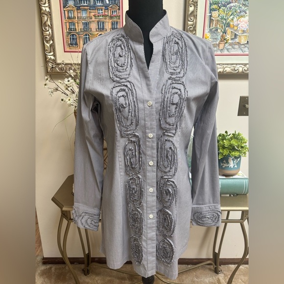 PAPERWHITE by HINSON WU LUXURY DESIGNER TAILORED EMBROIDERED GRAY SHIRT SIZE 8 - Picture 2 of 11